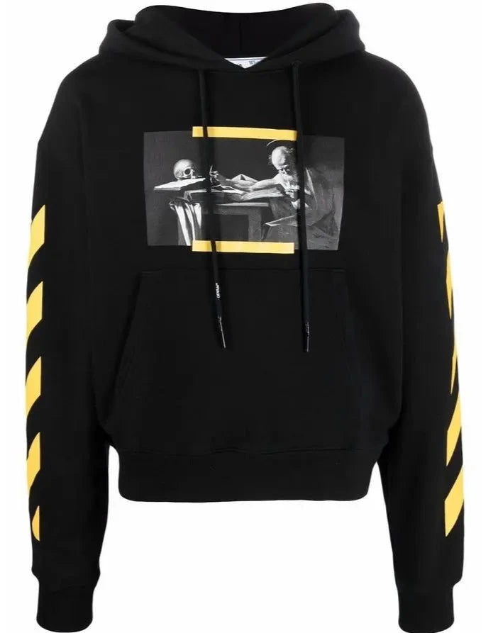 Off White Caravaggio Diag Stripe Painting Printed Hoodie in Black