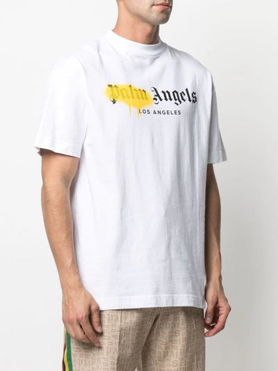 Palm Angels Los Angeles Yellow Sprayed Logo T-Shirt in White