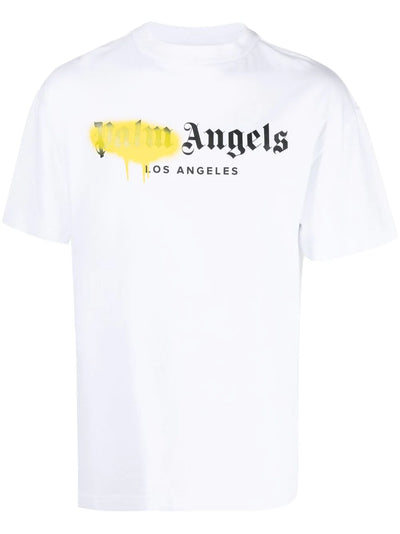 Palm Angels Los Angeles Yellow Sprayed Logo T-Shirt in White