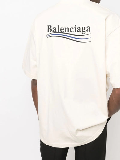 Balenciaga Political Campaign Embroidered Logo Blue Stripe T-Shirt in White