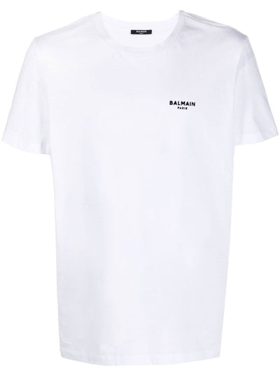 Balmain – Weißes T-Shirt mit kleinem Logo und Flockdruck