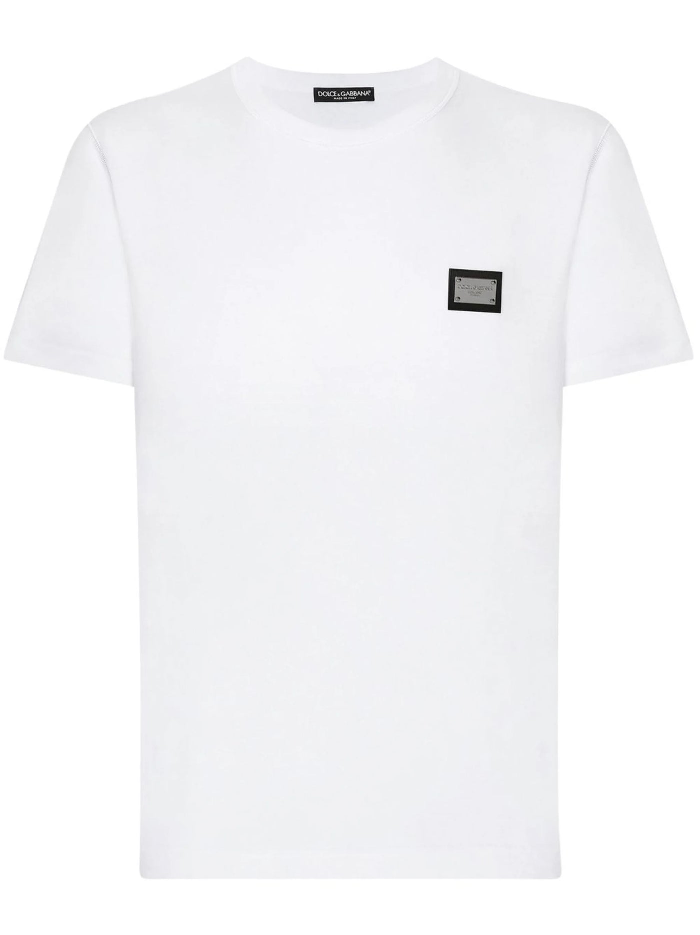 Dolce &amp; Gabbana – Weißes T-Shirt mit silberner Logoplakette