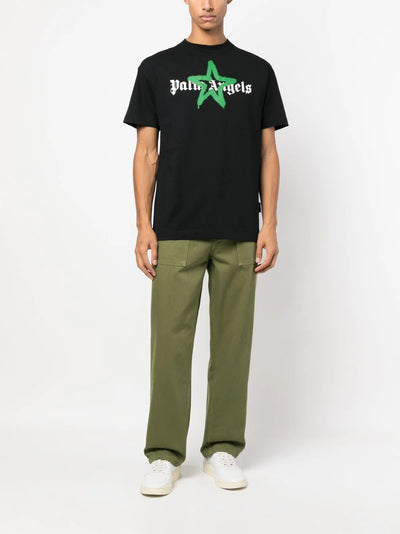 Palm Angels Green Star Sprayed Logo-print T-shirt Black