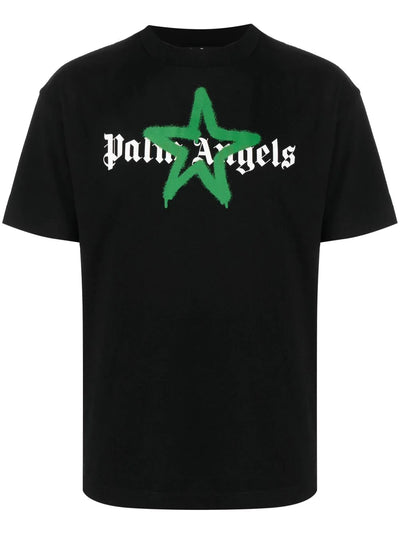 Palm Angels Green Star Sprayed Logo-print T-shirt Black