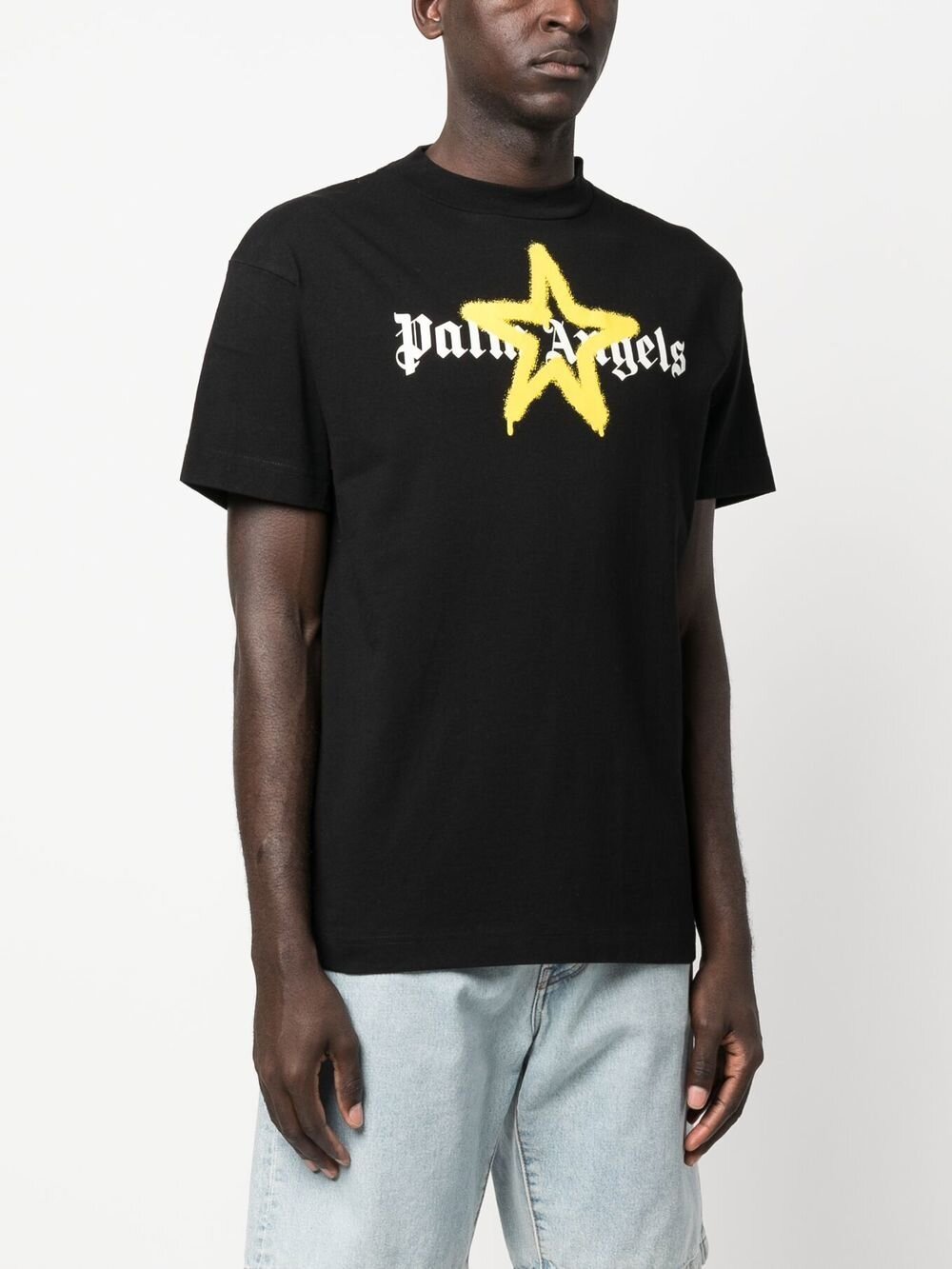 Palm Angels Yellow Star Sprayed logo-print T-shirt in Black
