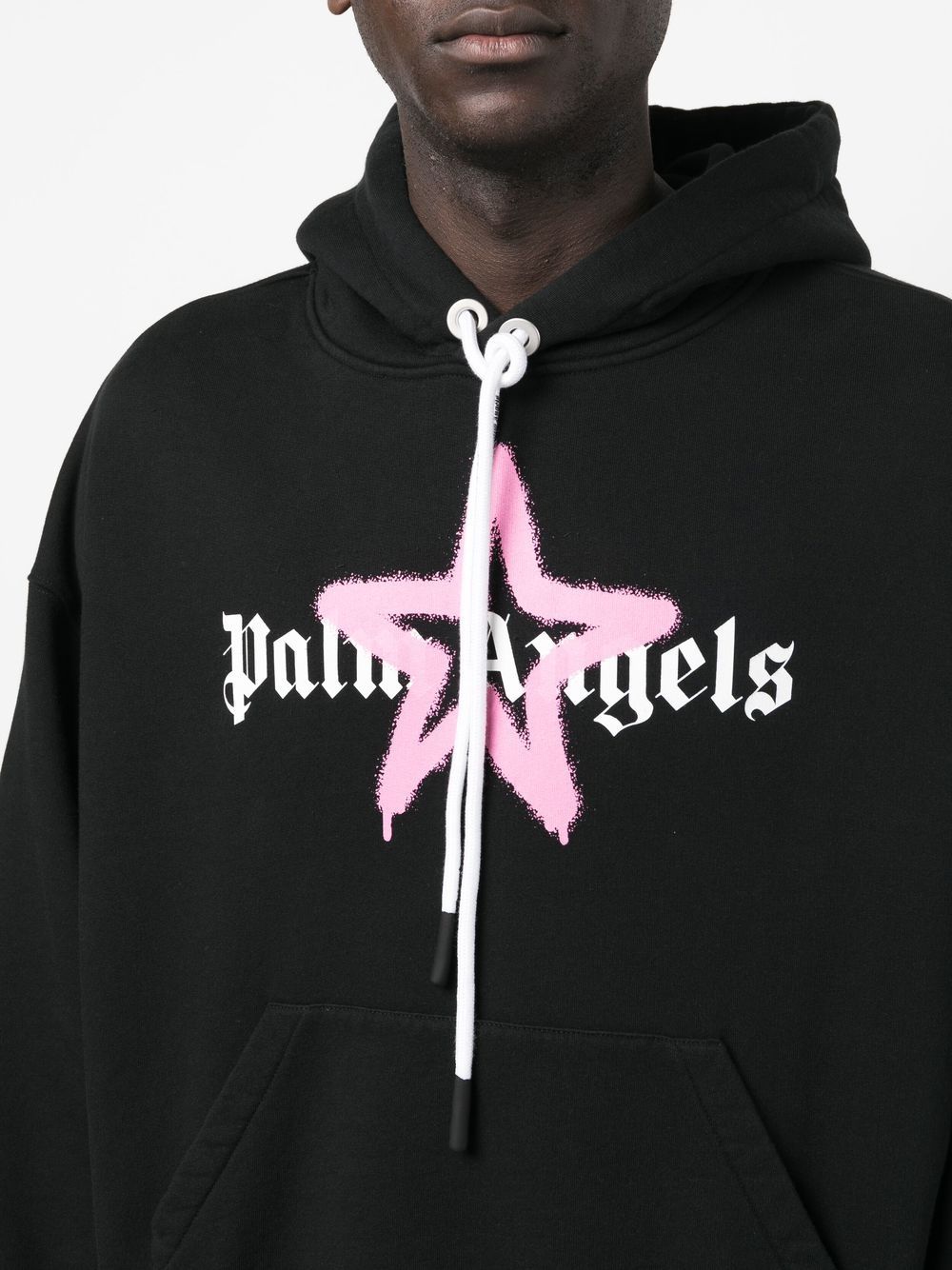Palm Angels Pink Star Sprayed Print Hoodie in Black