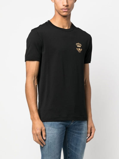 Dolce &amp; Gabbana – Besticktes Piqué-T-Shirt in Schwarz