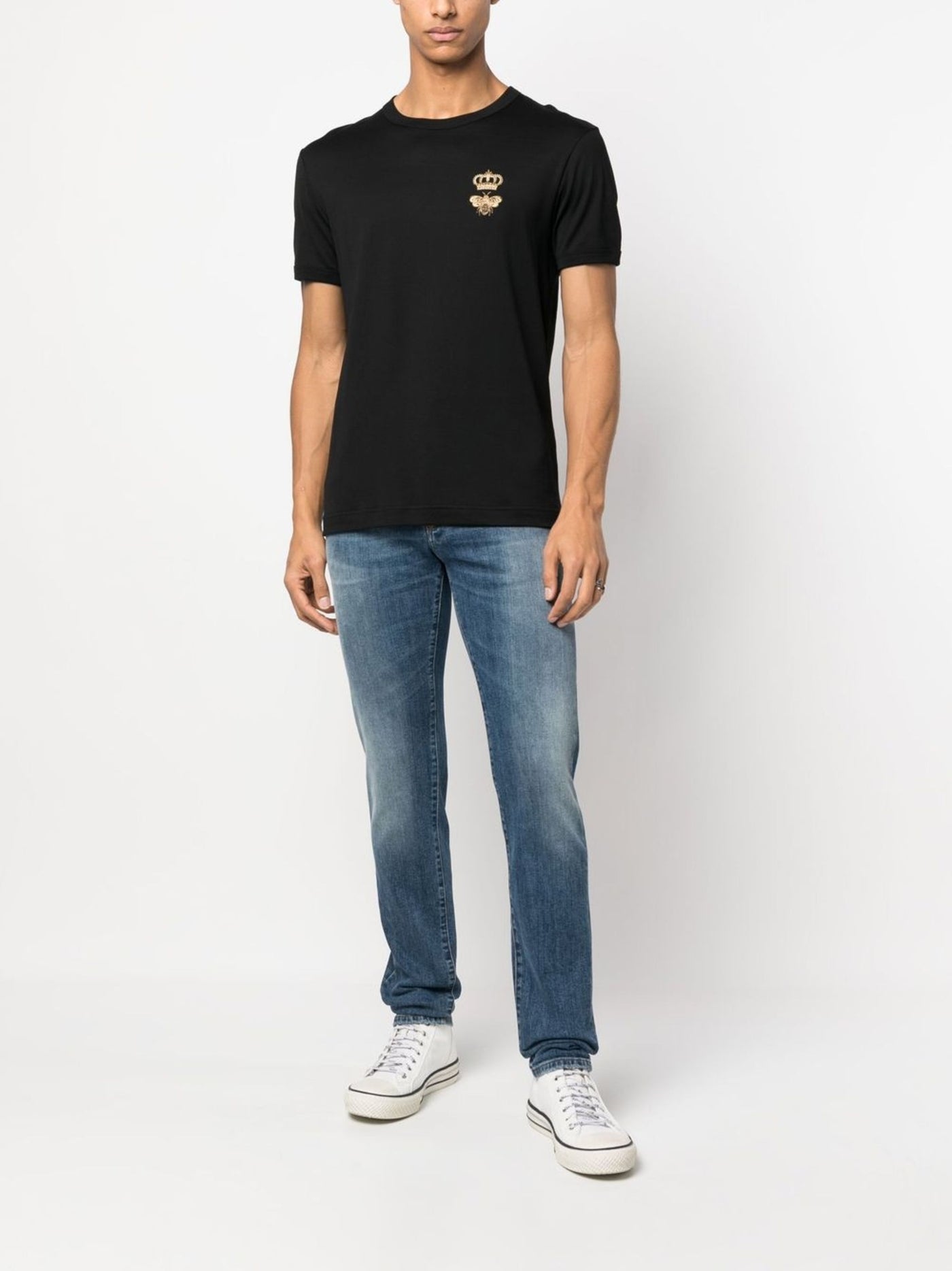 Dolce &amp; Gabbana – Besticktes Piqué-T-Shirt in Schwarz