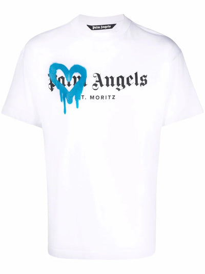 Palm Angels – St. Moritz – Weißes T-Shirt mit blauem Herz-Sprühdruck