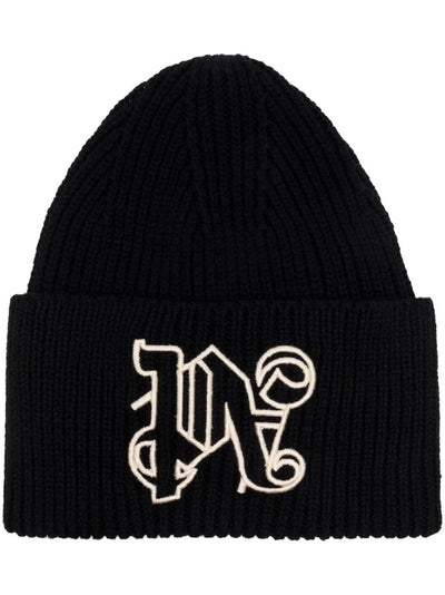 Palm Angels Embroidered Monogram Beanie in Black