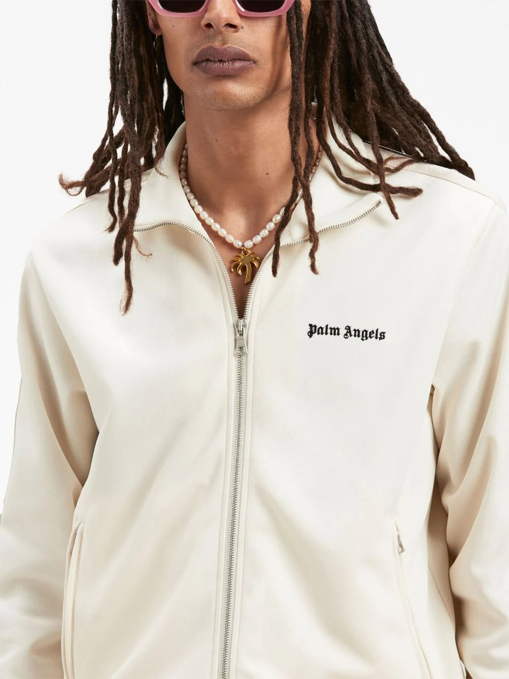 Palm Angels Track Logo Print Jacket in Butter/Cream Palm Angels Track Logo Print Jacket in Butter/Cream