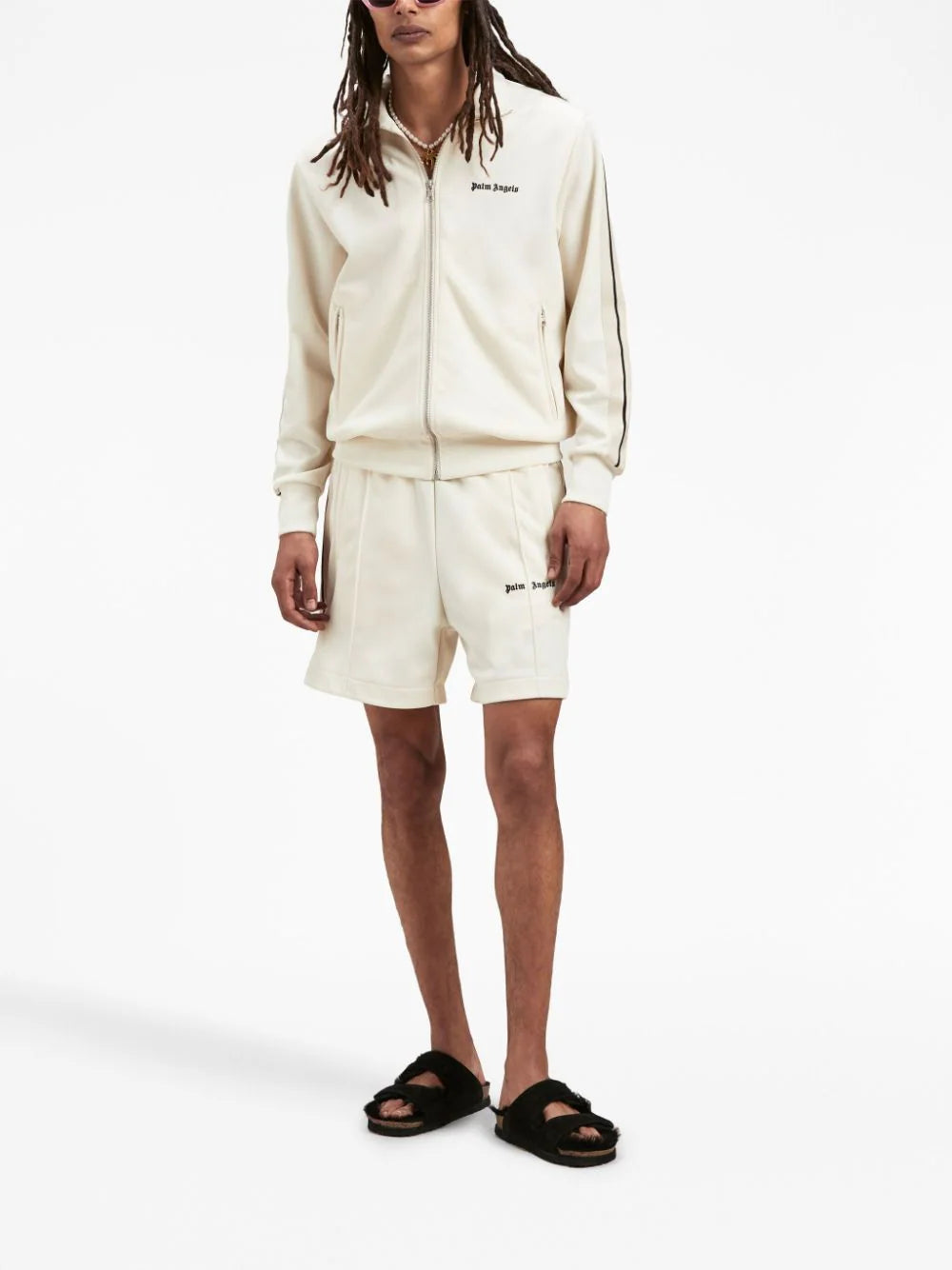 Palm Angels Track Logo Print Jacket in Butter/Cream Palm Angels Track Logo Print Jacket in Butter/Cream
