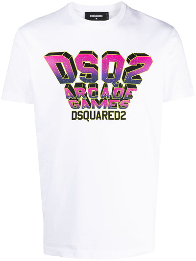 Dsquared2 – Weißes T-Shirt mit „DSQ2 Arcade Games“-Logoprint