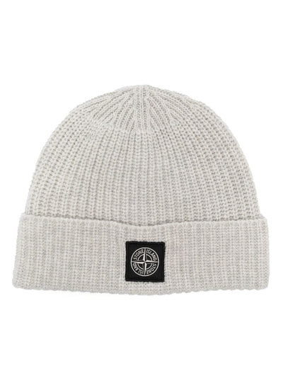 Stone Island Compass motif ribbed-knit Beanie in Light Grey