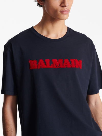 Balmain – T-Shirt mit beflocktem Retro-Logo in Marine