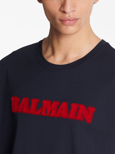 Balmain – T-Shirt mit beflocktem Retro-Logo in Marine