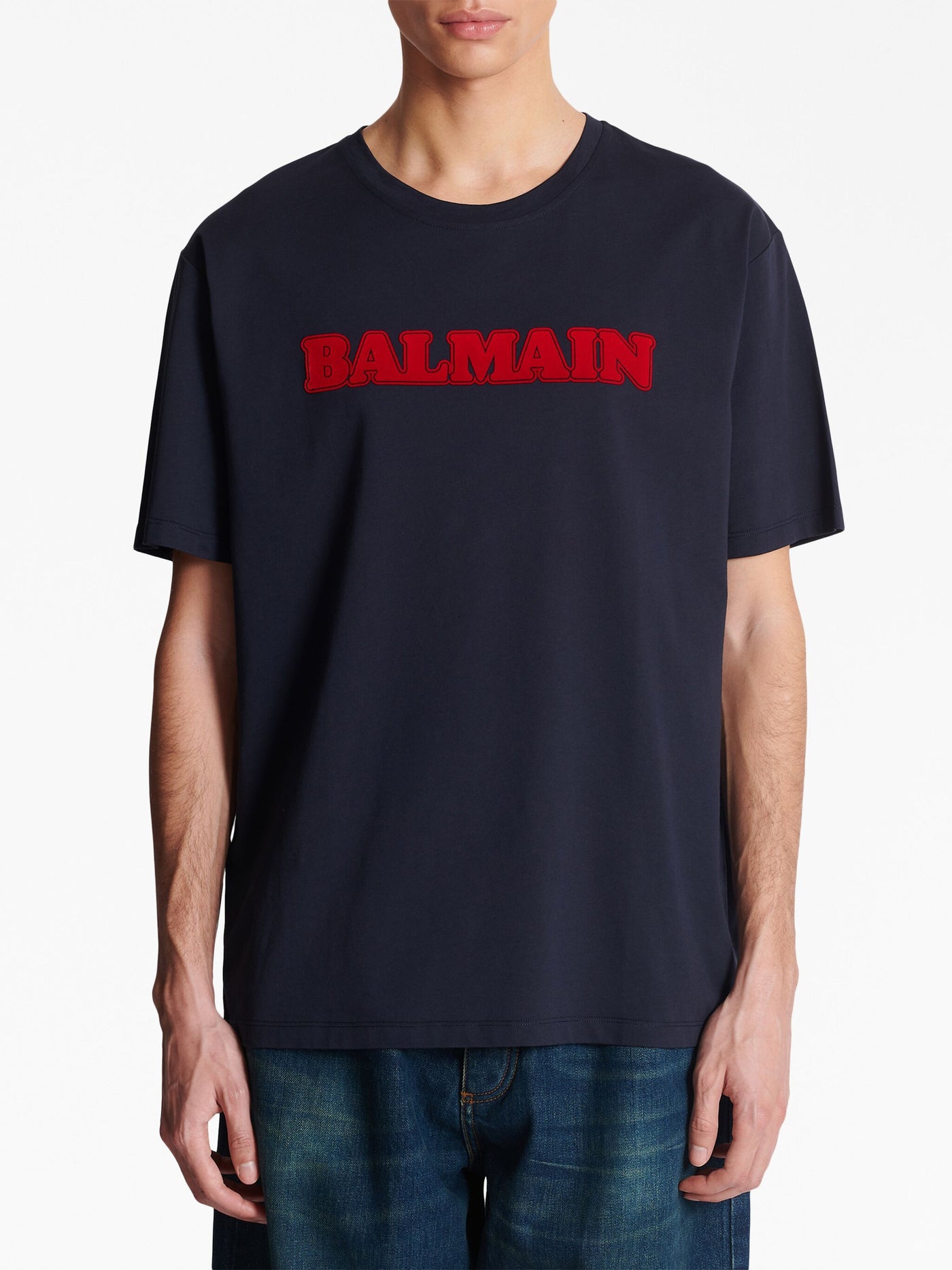 Balmain – T-Shirt mit beflocktem Retro-Logo in Marine