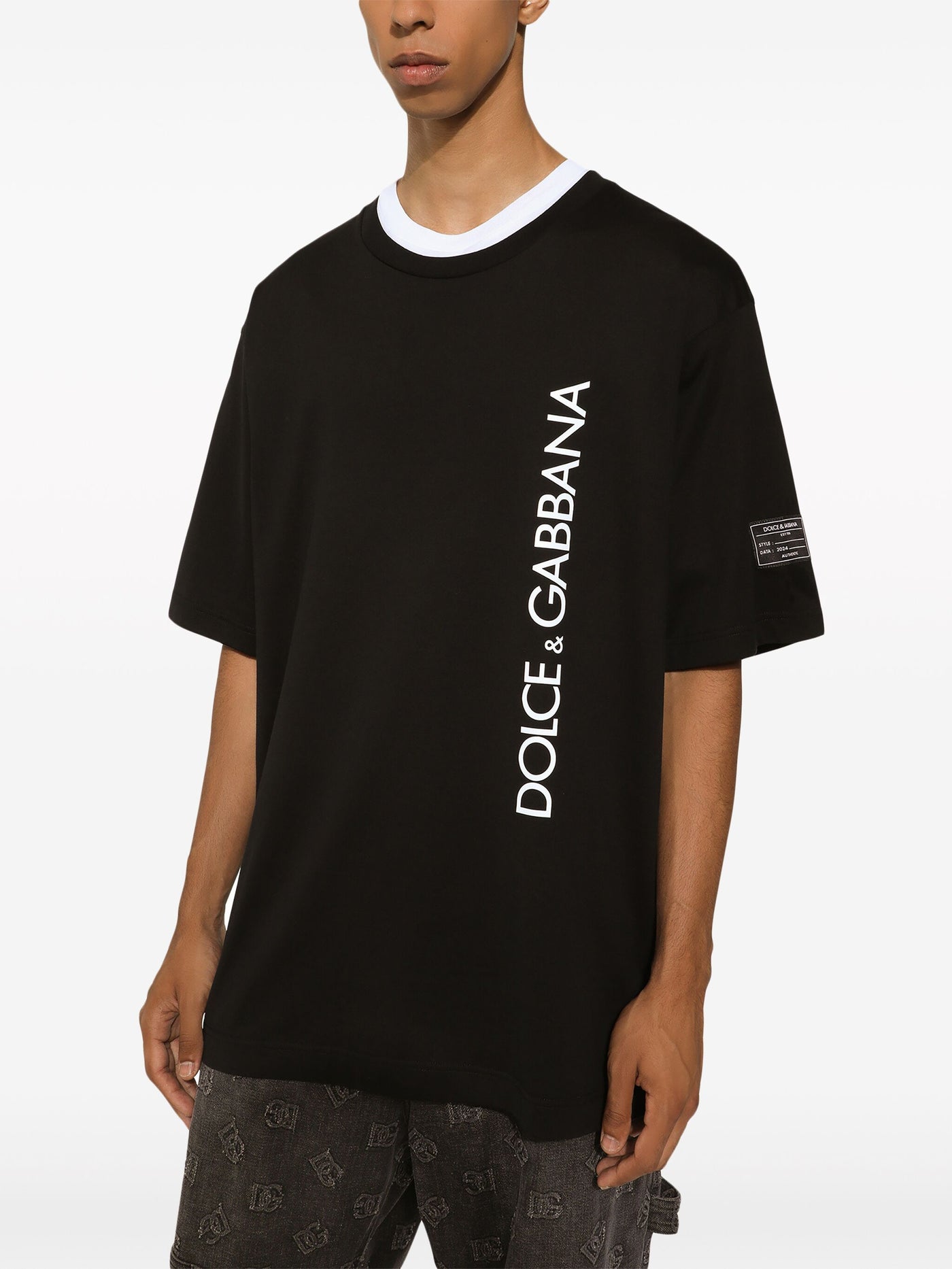 Dolce &amp; Gabbana – T-Shirt mit vertikalem Logo-Aufdruck in Schwarz