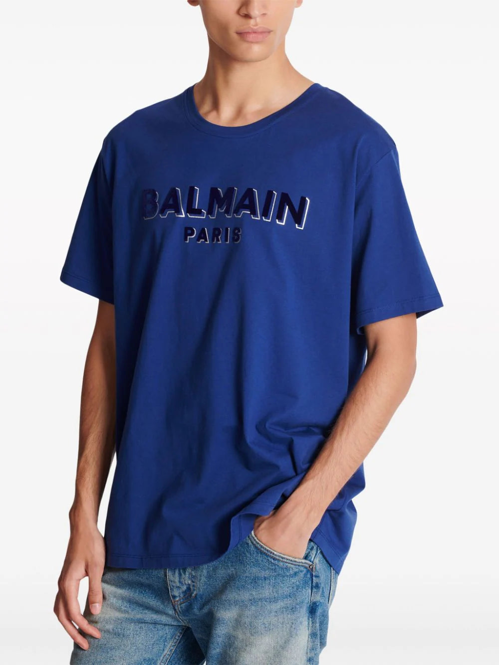 Balmain Crewneck Oversized T-Shirt with Velvet Logo in Blue