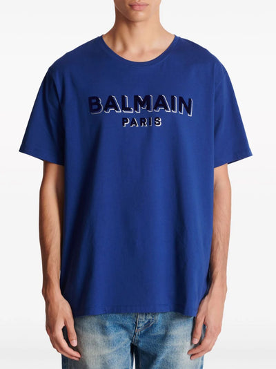 Balmain Crewneck Oversized T-Shirt with Velvet Logo in Blue