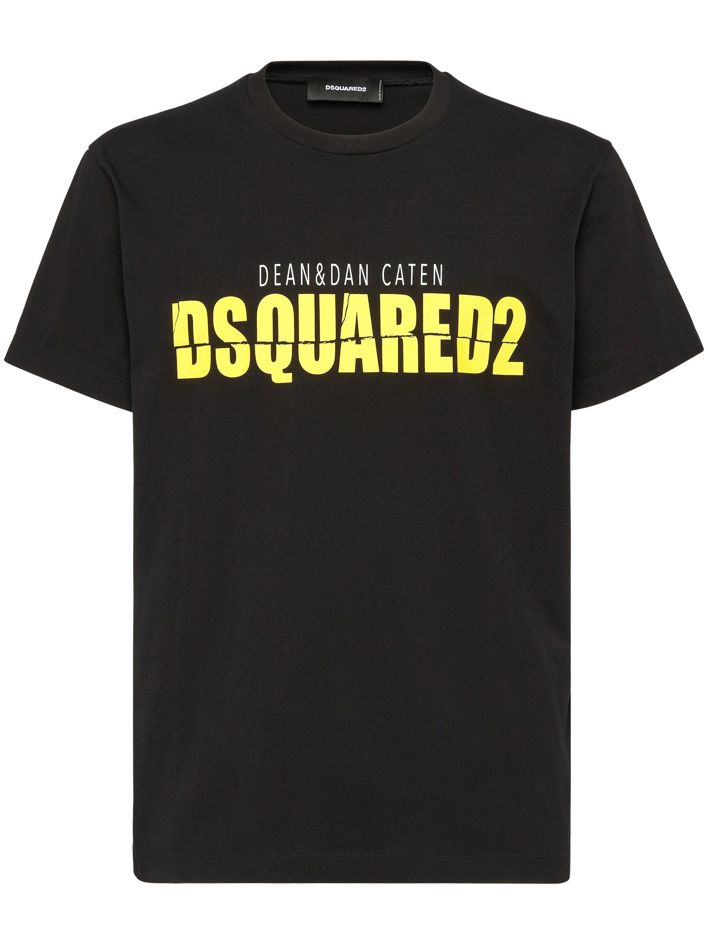 Dsquared2 – T-Shirt mit gelbem Split-Logo-Print in Schwarz