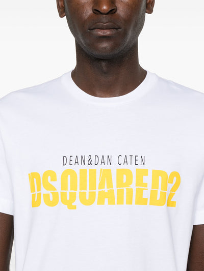 Dsquared2 – T-Shirt mit gelbem Split-Print und Logo in Weiß 