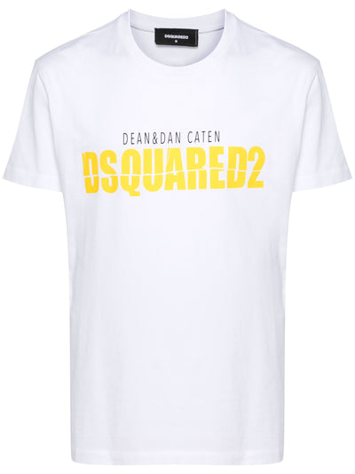 Dsquared2 – T-Shirt mit gelbem Split-Print und Logo in Weiß 