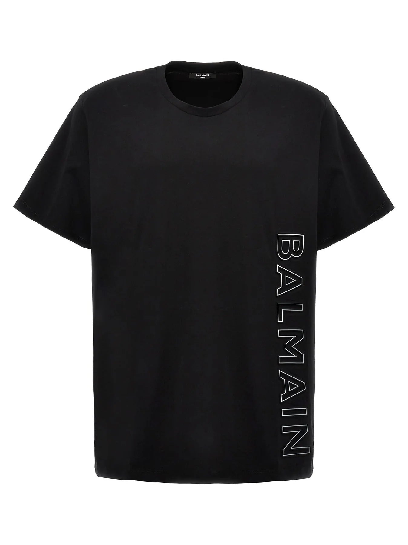 Balmain – T-Shirt mit vertikalem Prägelogo in Schwarz