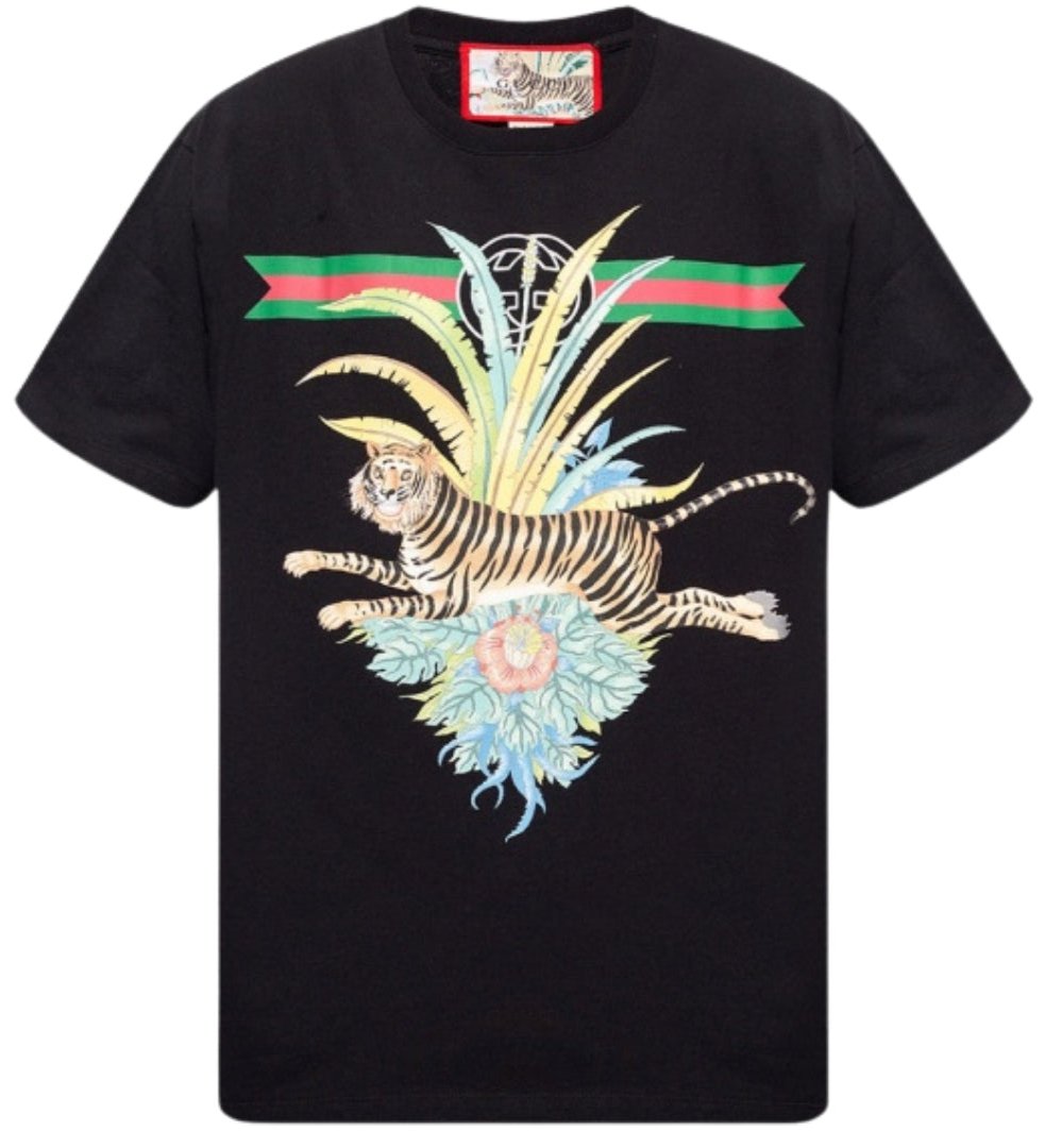 Gucci Flower Tiger Design Regular Fit Black T-Shirt S