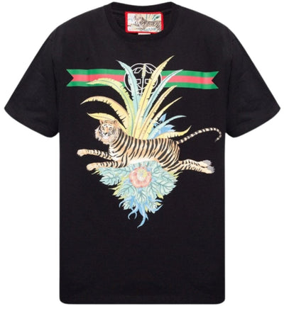 Gucci Flower Tiger Design Regular Fit Black T-Shirt S