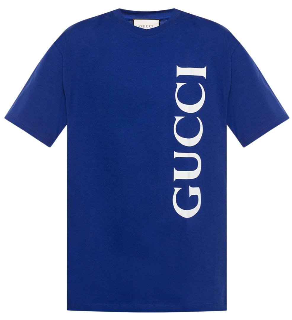 Gucci Large Vertical Brand Logo Regular Fit Blue T-Shirt S