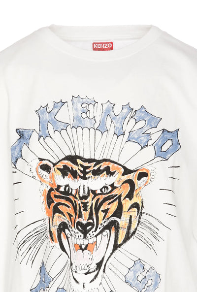 Kenzo – Weißes T-Shirt mit aufgedrucktem Logo „Draw Tiger“