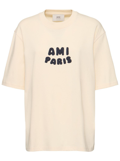 AMI PARIS Embroidered Logo T-Shirt in White Cream