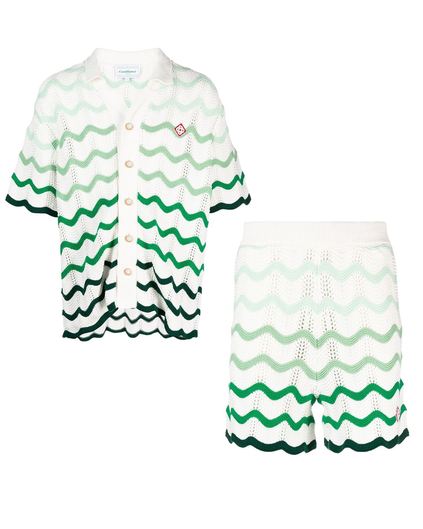 Casablanca Gradient Wave Crochet Texture Shirt & Shorts Set in White/Green