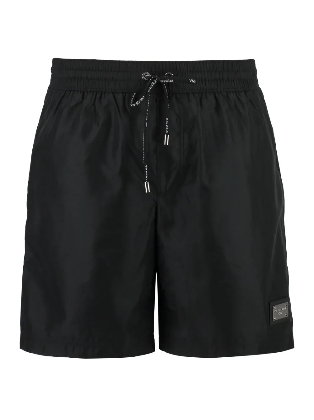 Dolce & Gabbana Silver Plaque Plate Drawstring Swimshorts in Black