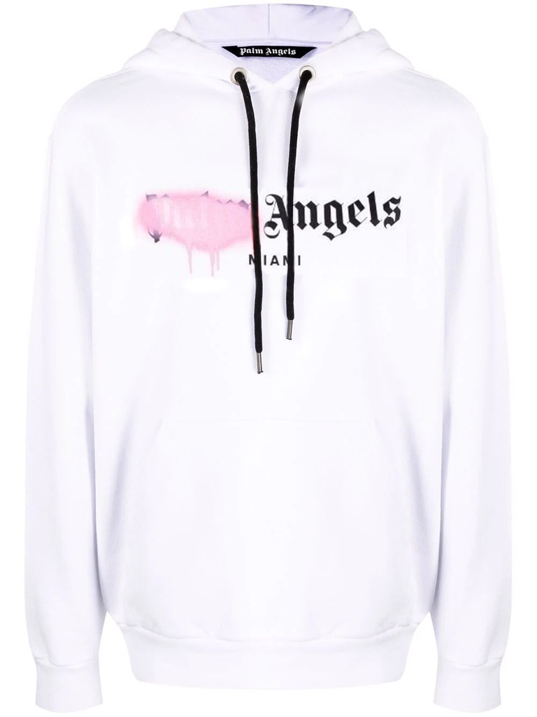 Palm Angels Pink Spray Miami Hoodie in White TheDesignerBox