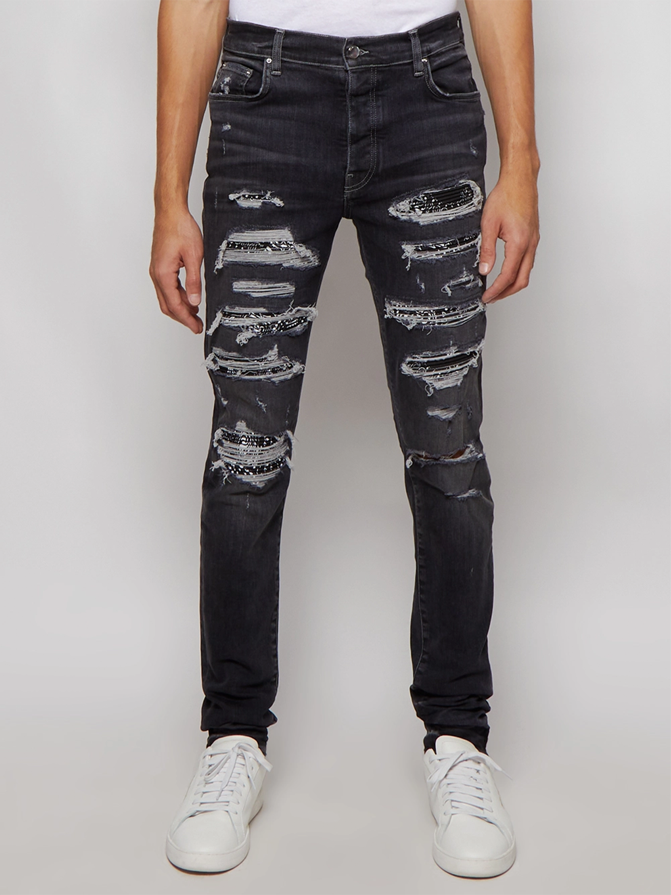 Amiri Bandana Thrasher Ripped Jeans in Grey