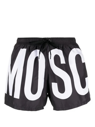 Moschino – Maxi-Badeshorts mit Logo-Aufdruck in Schwarz