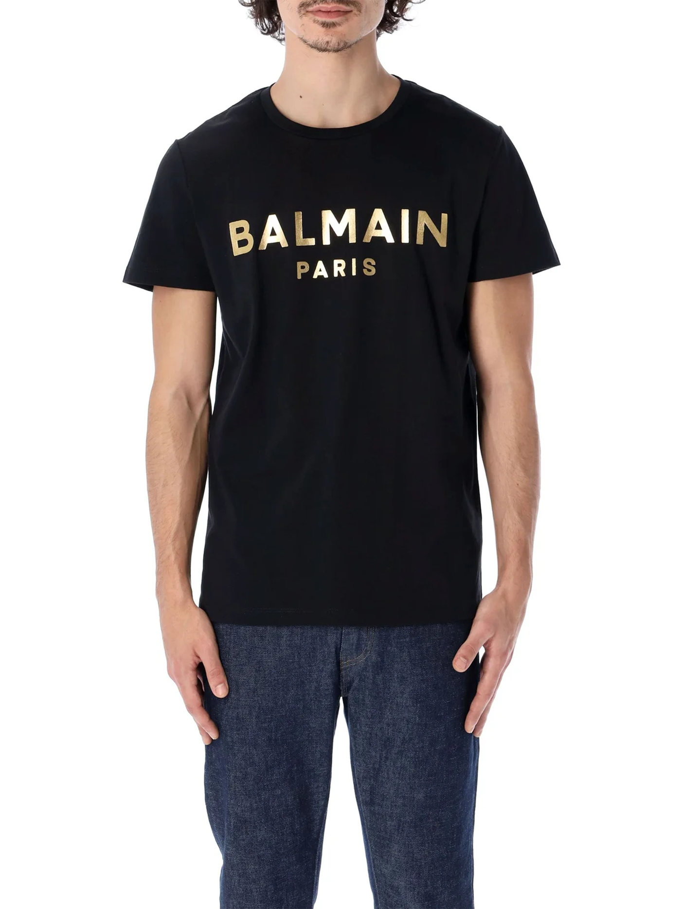 Balmain Paris Gold Foil Printed Logo T-Shirt in Black