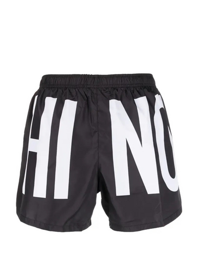 Moschino – Maxi-Badeshorts mit Logo-Aufdruck in Schwarz