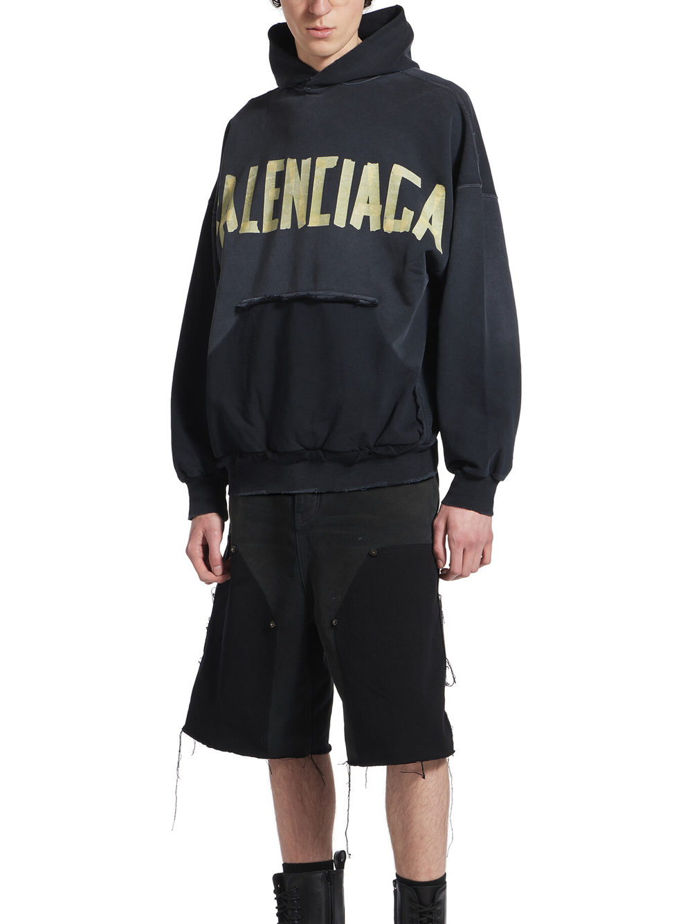 Balenciaga Taped Logo Ripped Pocket Oversized Hoodie in Faded Black