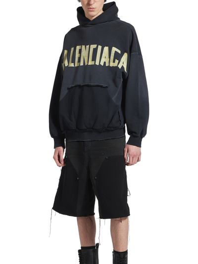 Balenciaga Taped Logo Ripped Pocket Oversized Hoodie in Faded Black