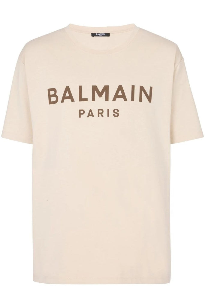 Balmain Logo Print T-Shirt in Ivory Brown