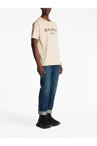 Balmain Brown Logo Print T-Shirt in Ivory Brown