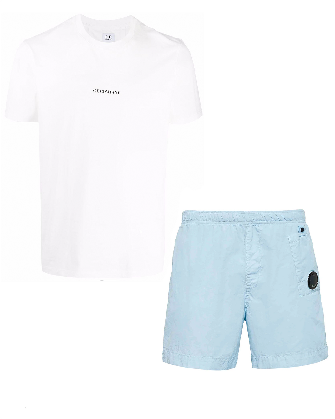 CP Company – Kompaktes Set aus T-Shirt und Linsenshorts in Weiß/Blau