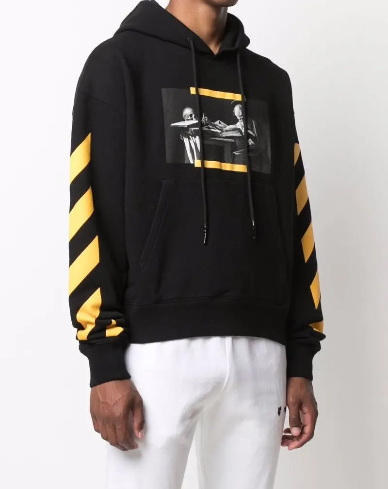 Off White Caravaggio Diag Stripe Painting Printed Hoodie in Black TheDesignerBox