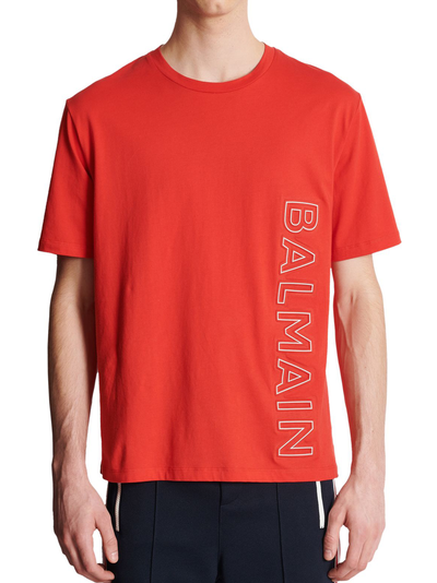 Balmain Vertical Embossed Logo T-Shirt in Red