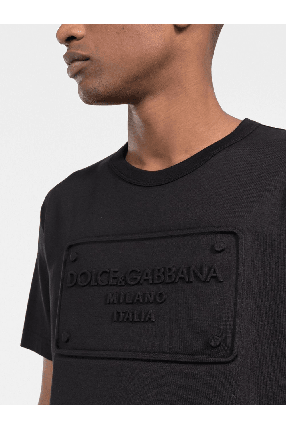 Dolce &amp; Gabbana – T-Shirt mit geprägtem Logo-Schild in Schwarz