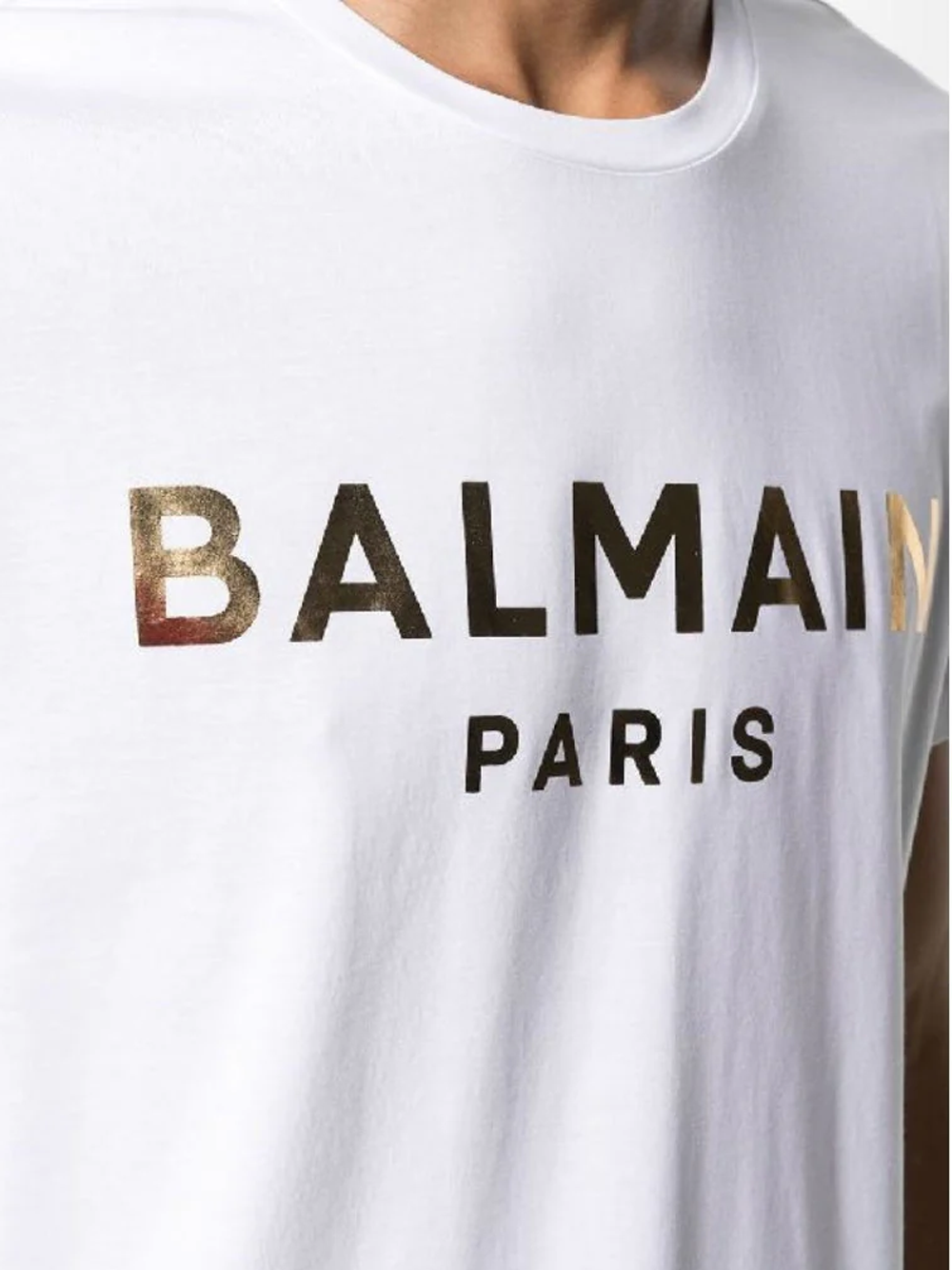 Balmain Paris T Shirt White And Gold Balmain Solid Color Crew-neck