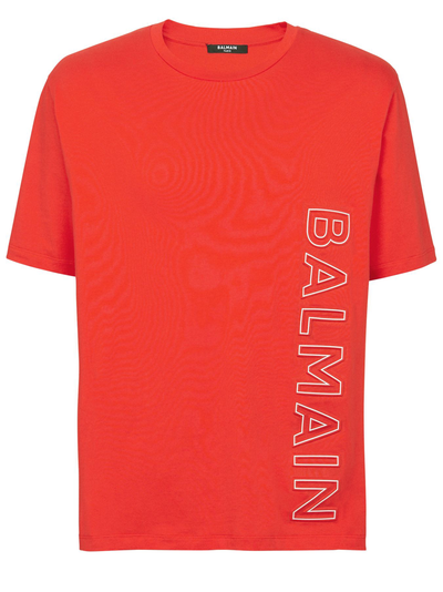 Balmain Vertical Embossed Logo T-Shirt in Red